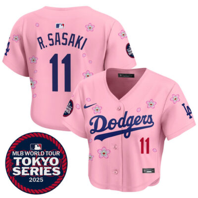 Women's LA Dodgers Tokyo Series 2025 Crop Top Baseball Jersey - Stitched Pink Roki Sasaki