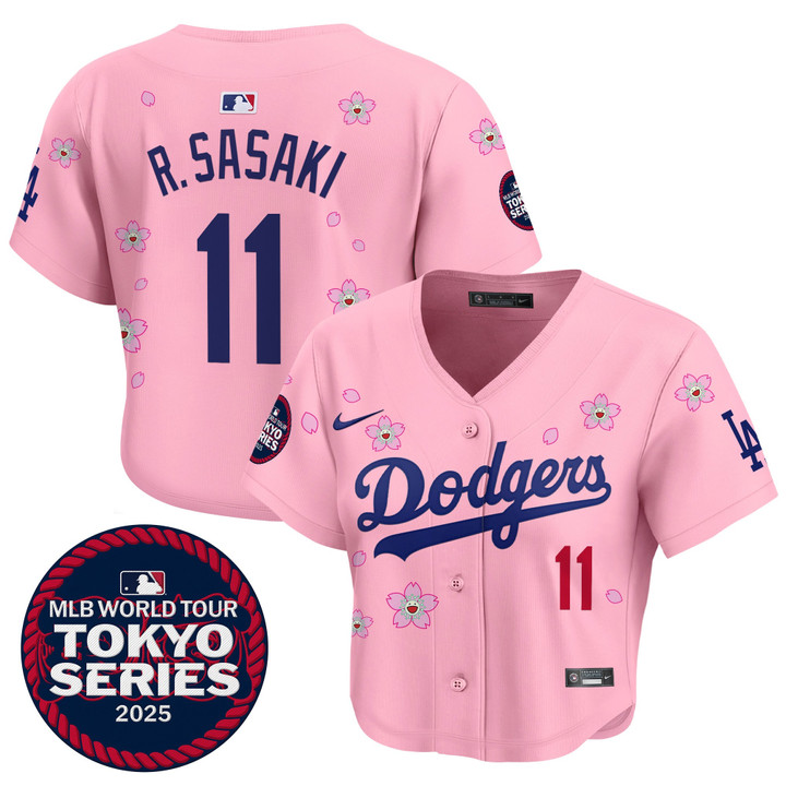 Women's LA Dodgers Tokyo Series 2025 Crop Top Baseball Jersey - Stitched Pink Roki Sasaki
