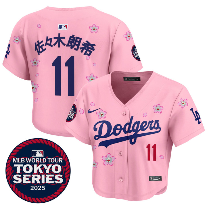Women's LA Dodgers Tokyo Series 2025 Crop Top Baseball Jersey - Stitched Pink Roki Sasaki