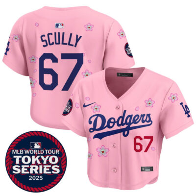 Women's LA Dodgers Tokyo Series 2025 Crop Top Baseball Jersey - Stitched Pink Vin Scully