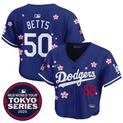 Women's LA Dodgers Tokyo Series 2025 Crop Top Baseball Jersey - Stitched Royal Mookie Betts