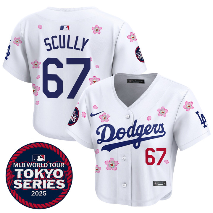Women's LA Dodgers Tokyo Series 2025 Crop Top Baseball Jersey - Stitched White Vin Scully
