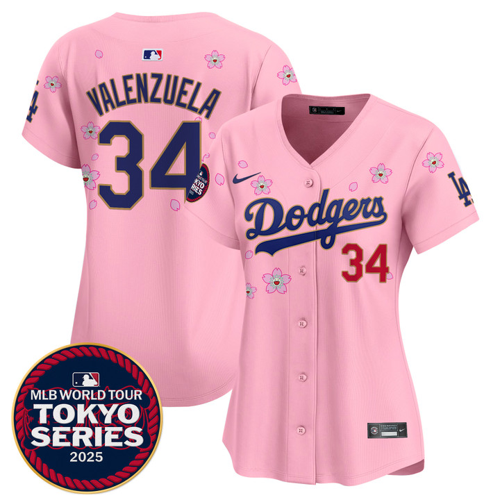 Women's LA Dodgers Tokyo Series 2025 Gold Trim Vapor Premier Limited Jersey - Stitched Cherry Blossom Fernando Valenzuela