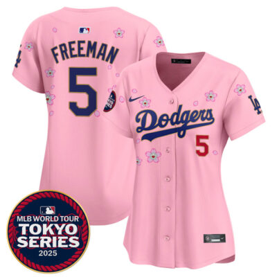 Women's LA Dodgers Tokyo Series 2025 Gold Trim Vapor Premier Limited Jersey - Stitched Cherry Blossom Freddie Freeman