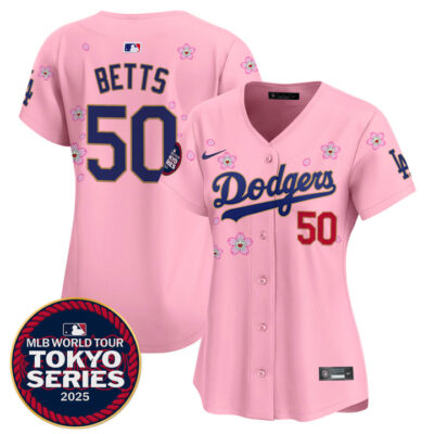 Women's LA Dodgers Tokyo Series 2025 Gold Trim Vapor Premier Limited Jersey - Stitched Cherry Blossom Mookie Betts