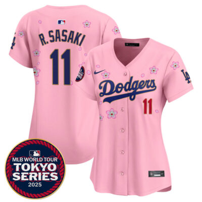 Women's LA Dodgers Tokyo Series 2025 Gold Trim Vapor Premier Limited Jersey - Stitched Cherry Blossom Roki Sasaki