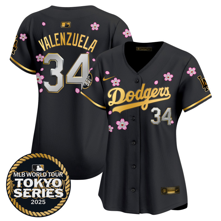 Women's LA Dodgers Tokyo Series 2025 Gold Trim Vapor Premier Limited Jersey V2 - Stitched Black Gold Fernando Valenzuela
