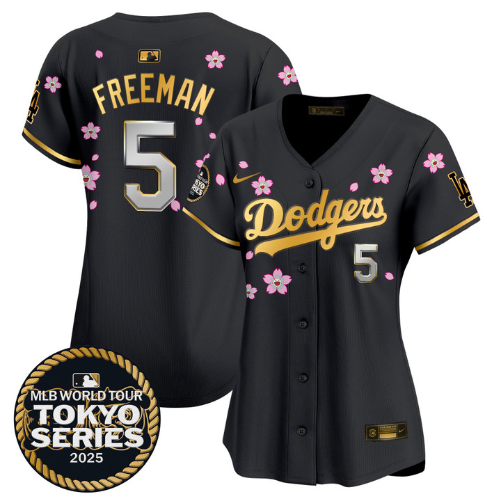 Women's LA Dodgers Tokyo Series 2025 Gold Trim Vapor Premier Limited Jersey V2 - Stitched Black Gold Freddie Freeman