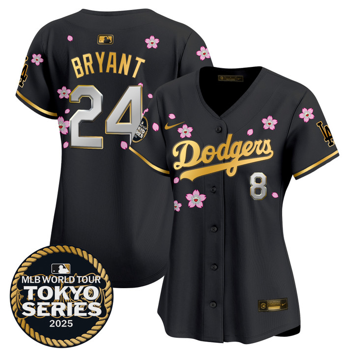 Women's LA Dodgers Tokyo Series 2025 Gold Trim Vapor Premier Limited Jersey V2 - Stitched Black Gold Kobe Bryant