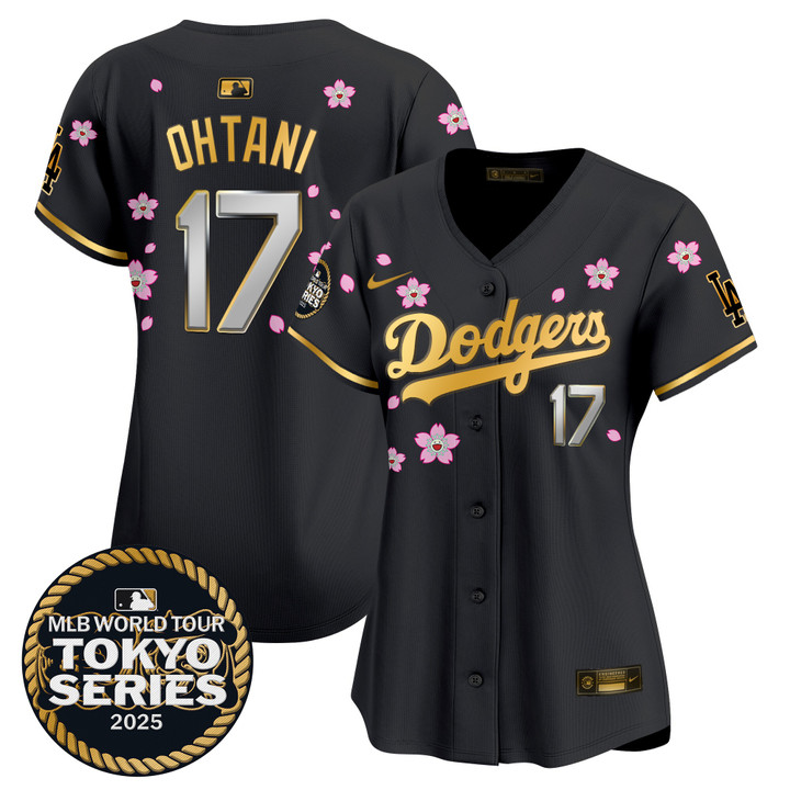 Women's LA Dodgers Tokyo Series 2025 Gold Trim Vapor Premier Limited Jersey V2 - Stitched Black Gold Shohei Ohtani