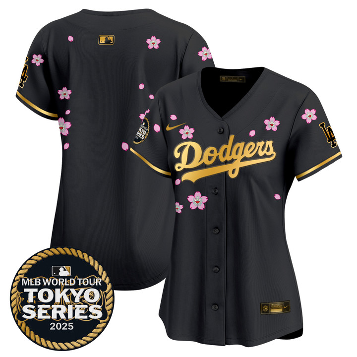 Women's LA Dodgers Tokyo Series 2025 Gold Trim Vapor Premier Limited Jersey V2 - Stitched Black Gold Team