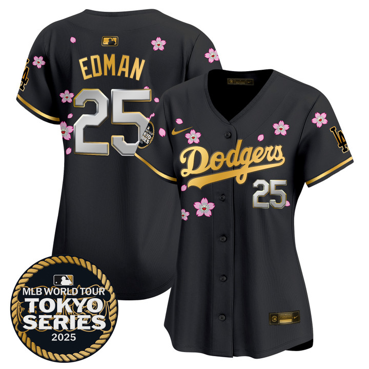 Women's LA Dodgers Tokyo Series 2025 Gold Trim Vapor Premier Limited Jersey V2 - Stitched Black Gold Tommy Edman