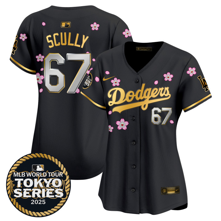Women's LA Dodgers Tokyo Series 2025 Gold Trim Vapor Premier Limited Jersey V2 - Stitched Black Gold Vin Scully