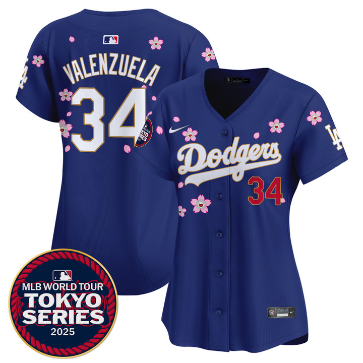 Women's LA Dodgers Tokyo Series 2025 Gold Trim Vapor Premier Limited Jersey V2 - Stitched Royal Fernando Valenzuela
