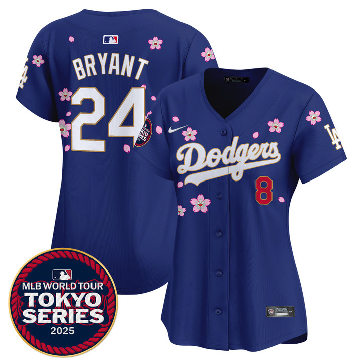 Women's LA Dodgers Tokyo Series 2025 Gold Trim Vapor Premier Limited Jersey V2 - Stitched Royal Kobe Bryant