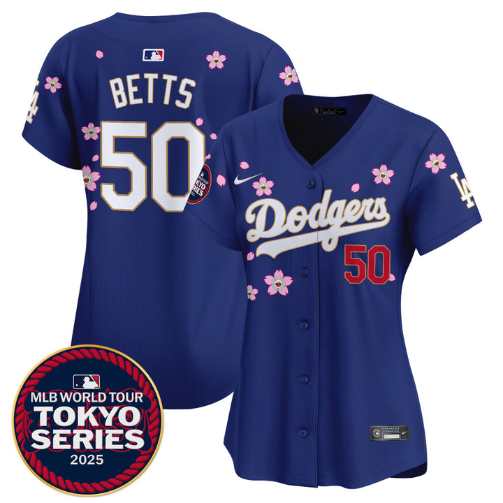 Women's LA Dodgers Tokyo Series 2025 Gold Trim Vapor Premier Limited Jersey V2 - Stitched Royal Mookie Betts