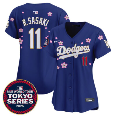 Women's LA Dodgers Tokyo Series 2025 Gold Trim Vapor Premier Limited Jersey V2 - Stitched Royal Roki Sasaki