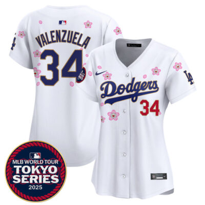 Women's LA Dodgers Tokyo Series 2025 Gold Trim Vapor Premier Limited Jersey V2 - Stitched White Fernando Valenzuela