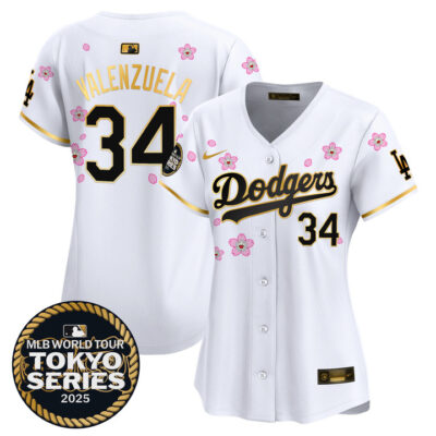 Women's LA Dodgers Tokyo Series 2025 Gold Trim Vapor Premier Limited Jersey V2 - Stitched White Gold Fernando Valenzuela