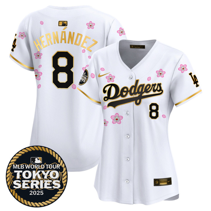 Women's LA Dodgers Tokyo Series 2025 Gold Trim Vapor Premier Limited Jersey V2 - Stitched White Gold Kike Hernandez