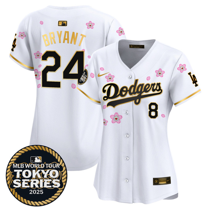 Women's LA Dodgers Tokyo Series 2025 Gold Trim Vapor Premier Limited Jersey V2 - Stitched White Gold Kobe Bryant