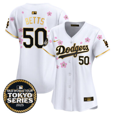 Women's LA Dodgers Tokyo Series 2025 Gold Trim Vapor Premier Limited Jersey V2 - Stitched White Gold Mookie Betts