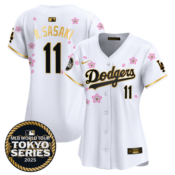 Women's LA Dodgers Tokyo Series 2025 Gold Trim Vapor Premier Limited Jersey V2 - Stitched White Gold Roki Sasaki