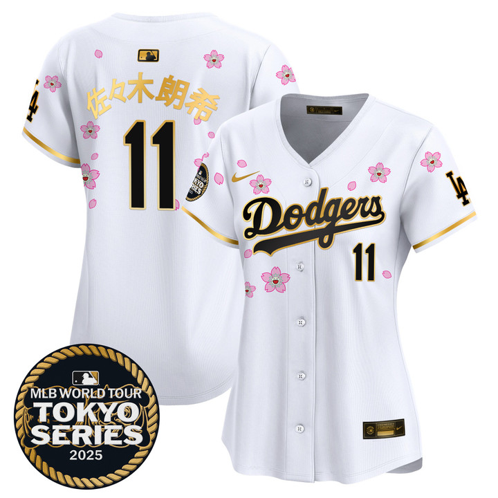 Women's LA Dodgers Tokyo Series 2025 Gold Trim Vapor Premier Limited Jersey V2 - Stitched White Gold Roki Sasaki