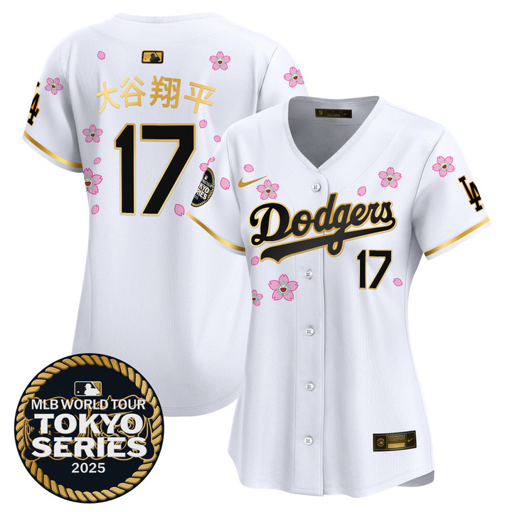 Women's LA Dodgers Tokyo Series 2025 Gold Trim Vapor Premier Limited Jersey V2 - Stitched White Gold Shohei Ohtani