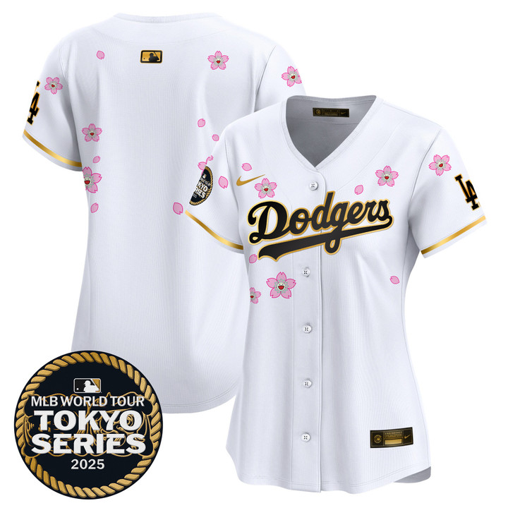 Women's LA Dodgers Tokyo Series 2025 Gold Trim Vapor Premier Limited Jersey V2 - Stitched White Gold Team