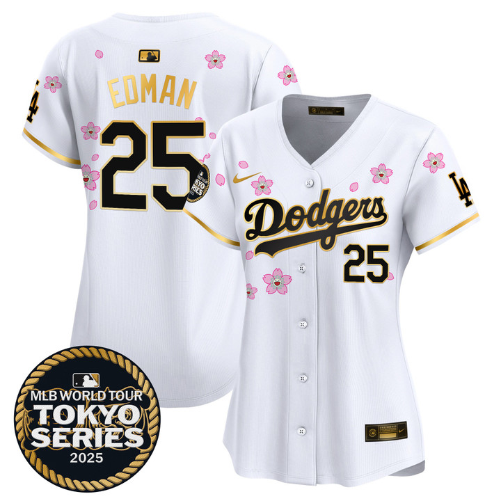 Women's LA Dodgers Tokyo Series 2025 Gold Trim Vapor Premier Limited Jersey V2 - Stitched White Gold Tommy Edman