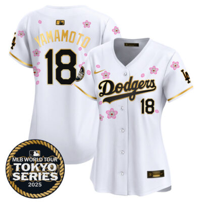 Women's LA Dodgers Tokyo Series 2025 Gold Trim Vapor Premier Limited Jersey V2 - Stitched White Gold Yamamoto