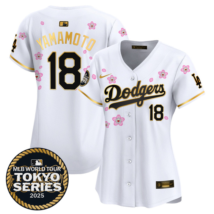 Women's LA Dodgers Tokyo Series 2025 Gold Trim Vapor Premier Limited Jersey V2 - Stitched White Gold Yamamoto