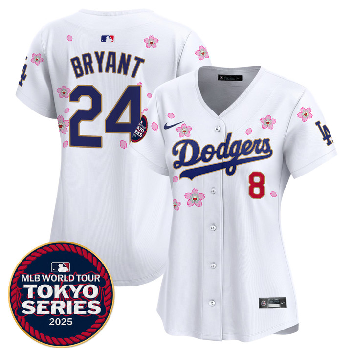 Women's LA Dodgers Tokyo Series 2025 Gold Trim Vapor Premier Limited Jersey V2 - Stitched White Kobe Bryant