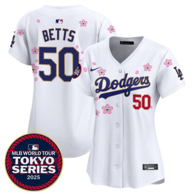 Women's LA Dodgers Tokyo Series 2025 Gold Trim Vapor Premier Limited Jersey V2 - Stitched White Mookie Betts