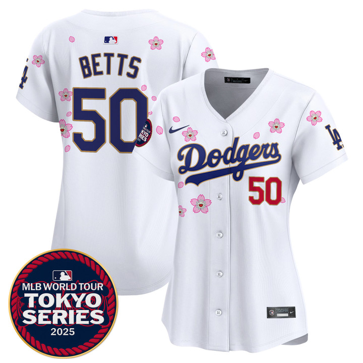 Women's LA Dodgers Tokyo Series 2025 Gold Trim Vapor Premier Limited Jersey V2 - Stitched White Mookie Betts