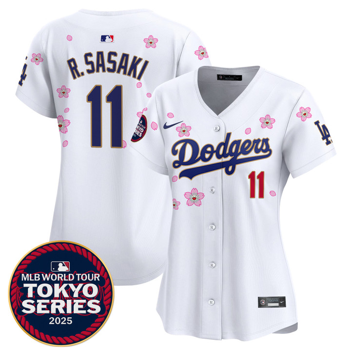 Women's LA Dodgers Tokyo Series 2025 Gold Trim Vapor Premier Limited Jersey V2 - Stitched White Roki Sasaki