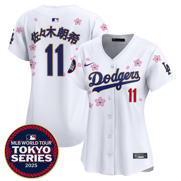Women's LA Dodgers Tokyo Series 2025 Gold Trim Vapor Premier Limited Jersey V2 - Stitched White Roki Sasaki