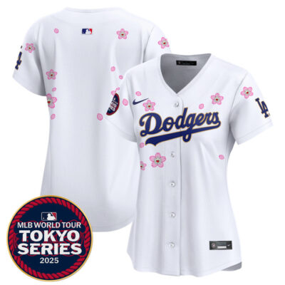 Women's LA Dodgers Tokyo Series 2025 Gold Trim Vapor Premier Limited Jersey V2 - Stitched White Team