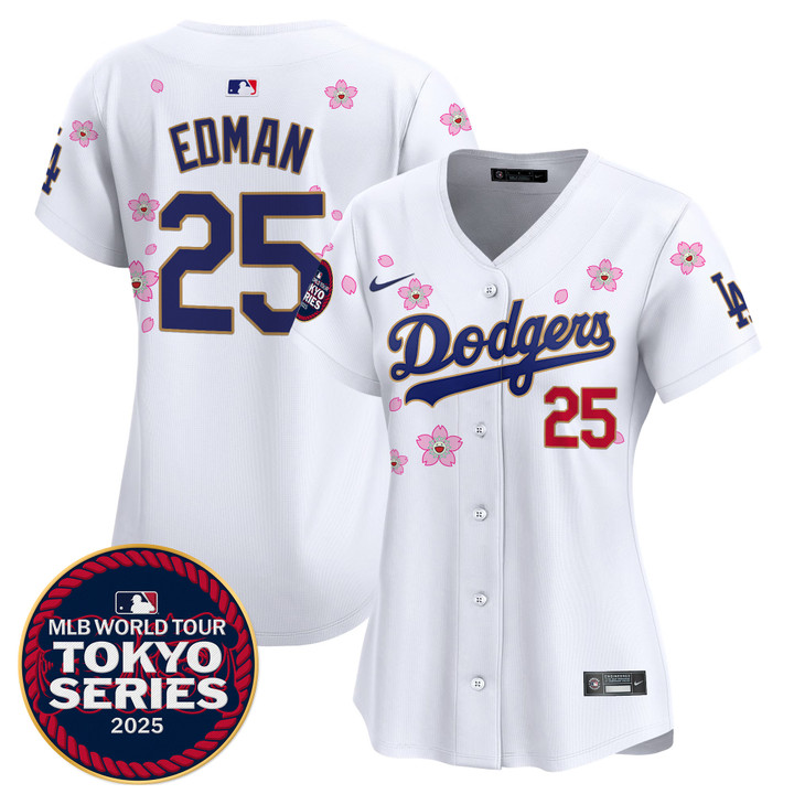 Women's LA Dodgers Tokyo Series 2025 Gold Trim Vapor Premier Limited Jersey V2 - Stitched White Tommy Edman
