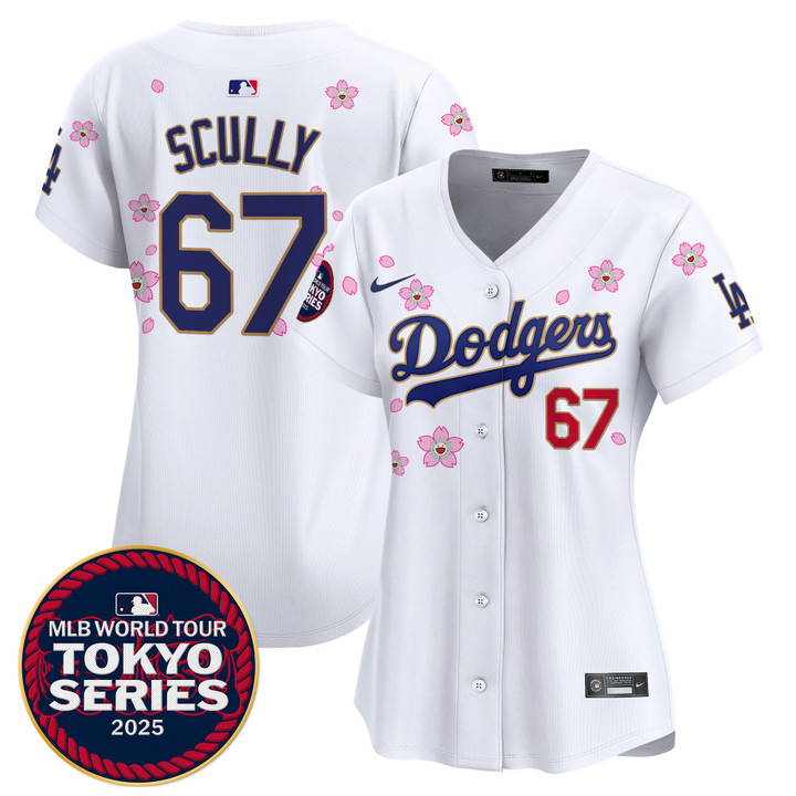 Women's LA Dodgers Tokyo Series 2025 Gold Trim Vapor Premier Limited Jersey V2 - Stitched White Vin Scully