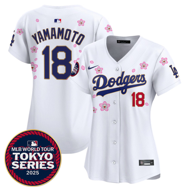 Women's LA Dodgers Tokyo Series 2025 Gold Trim Vapor Premier Limited Jersey V2 - Stitched White Yamamoto