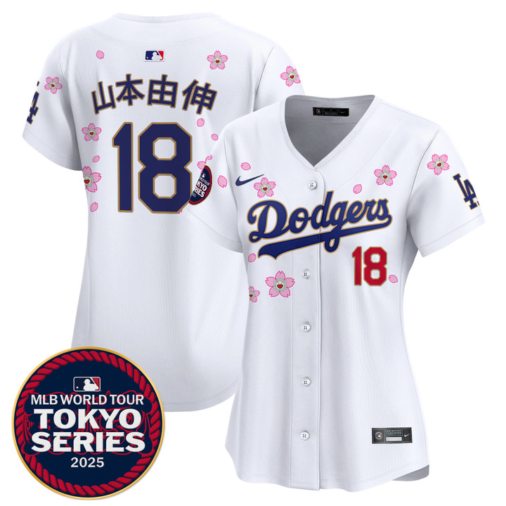 Women's LA Dodgers Tokyo Series 2025 Gold Trim Vapor Premier Limited Jersey V2 - Stitched White Yamamoto