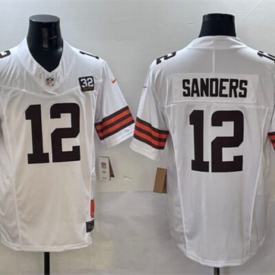 Cleveland Browns #12 Shedeur Sanders White 2025 Draft F.U.S.E. With Jim Brown Memorial & Home Patch Vapor Limited Football Stitched Jersey