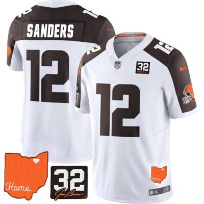 Cleveland Browns #12 Shedeur Sanders White/Brown 2025 Draft F.U.S.E. With Jim Brown Memorial & Home Patch Vapor Limited Football Stitched Jersey