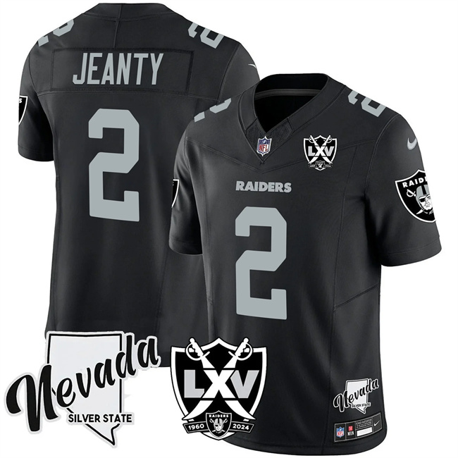 Las Vegas Raiders #2 Ashton Jeanty Black 2025 Draft F.U.S.E. With Nevada Silver Stat Patch And 65th Anniversary Patch Football Stitched Jersey