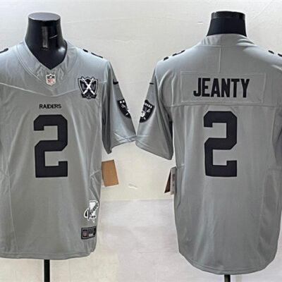 Las Vegas Raiders #2 Ashton Jeanty Gray 2025 Draft F.U.S.E. With Nevada Silver Stat Patch And 65th Anniversary Patch Football Stitched Jersey
