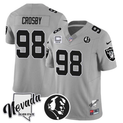 Las Vegas Raiders #98 Maxx Crosby Gray 2025 Draft F.U.S.E. With John Madden Honoring & Nevada Silver State With 3-Star C patch Football Stitched Jersey