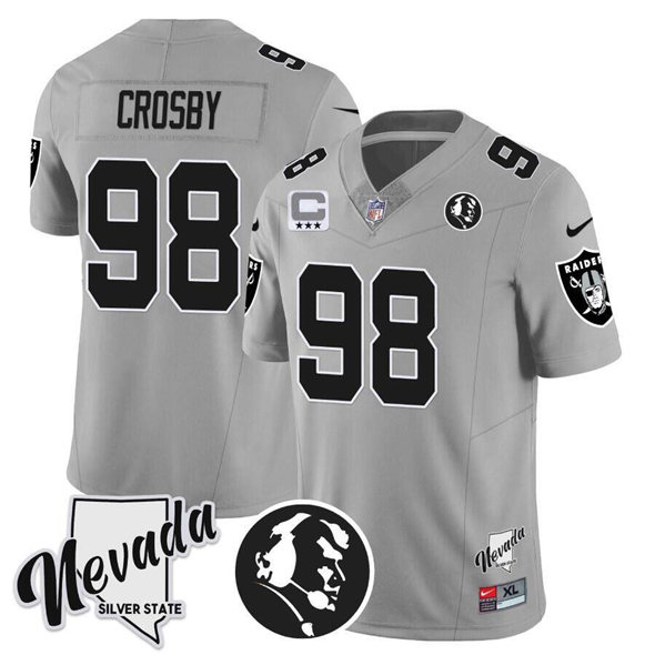 Las Vegas Raiders #98 Maxx Crosby Gray 2025 Draft F.U.S.E. With John Madden Honoring & Nevada Silver State With 3-Star C patch Football Stitched Jersey