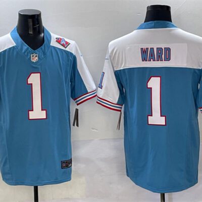 Tennessee Titans #1 Cameron Ward Blue/White 2025 Draft F.U.S.E. 1997 Throwback Patch Vapor Limited Football Stitched Jersey